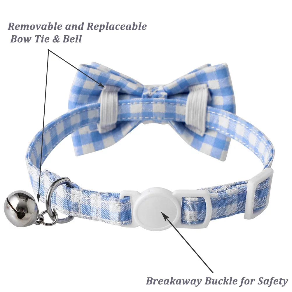 Feelers Cat Collar with Bow & Bell, Cute Plaid Patterns Collars, 1 Pack, Blue