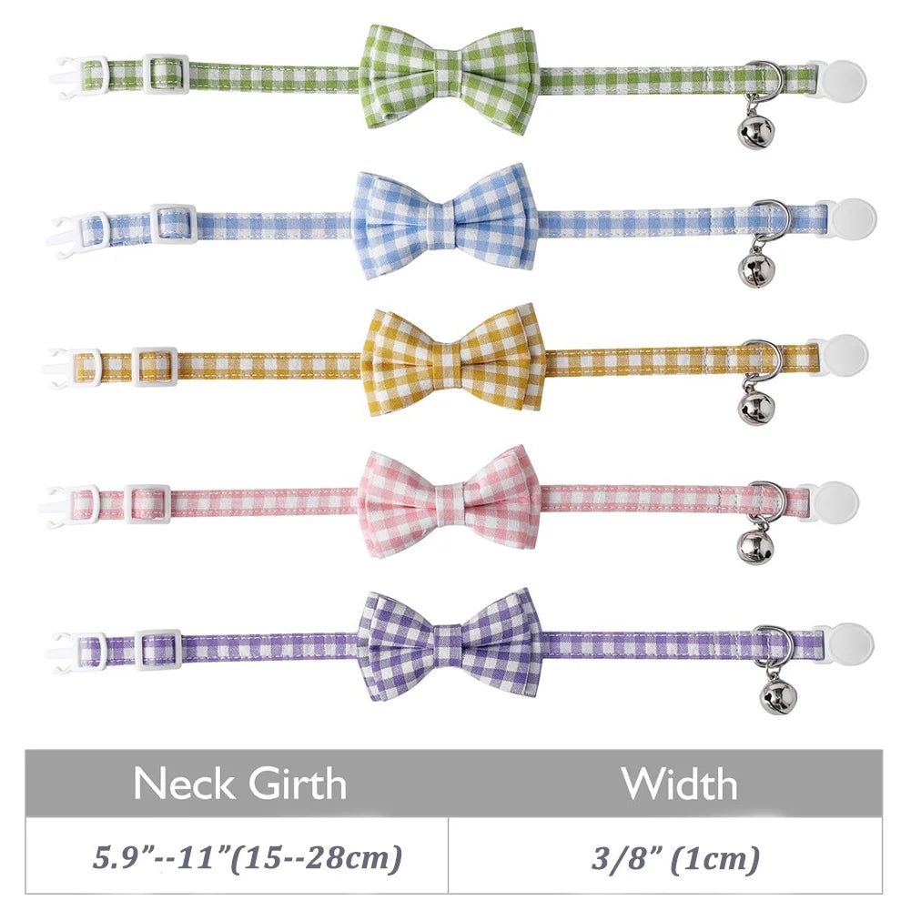 Feelers Cat Collar with Bow & Bell, Cute Plaid Patterns Collars, 1 Pack, Blue